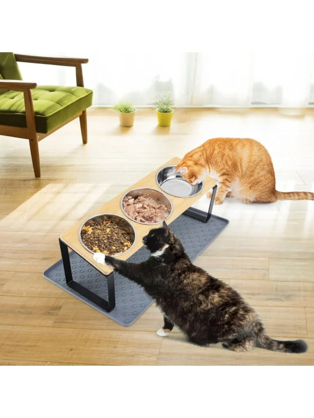 Elevated 15° Cat Bowls with Silicone Mat & 3 Stainless Steel Dishes